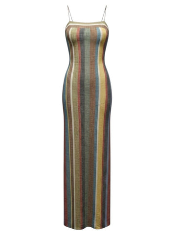 *Staud Laura Linen Vertical Stripe Cami Square Neck Maxi Column Dress, Size S