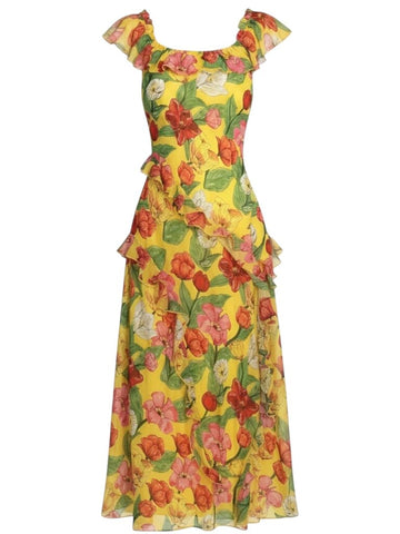 *NWT Milly Tulip Rosette Ruffle Chiffon Floral Sleeveless Scoop Neck Maxi Dress, Size 6