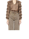 *NWT Ulla Johnson Lucy Satin Ruffle Trim Balloon Sleeve Tie Split Neck Top, Size 4