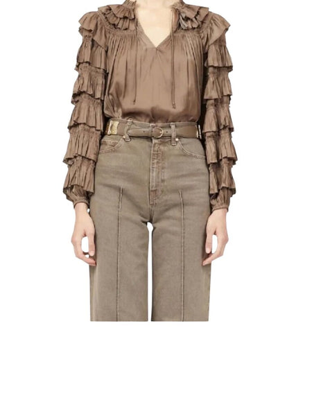 ^NWT Ulla Johnson Lucy Satin Ruffle Trim Balloon Sleeve Tie Split Neck Top, Size 4