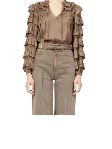 ^NWT Ulla Johnson Lucy Satin Ruffle Trim Balloon Sleeve Tie Split Neck Top, Size 4
