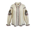 *Farm Rio Palms Paradise Sand Embroidered Cotton Long Sleeve Button Up Shirt Top, Size M
