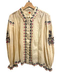 *Farm Rio Palms Paradise Sand Embroidered Cotton Long Sleeve Button Up Shirt Top, Size M