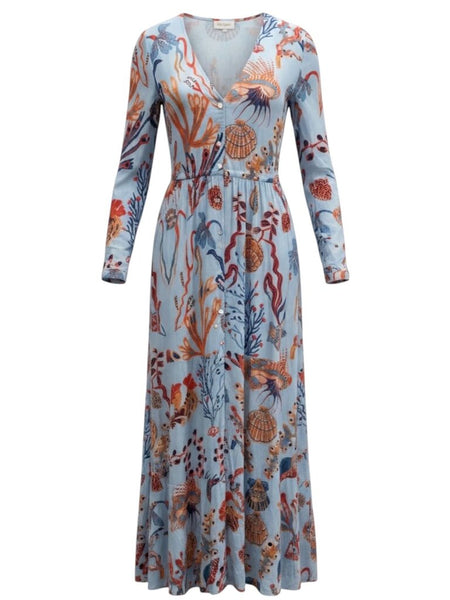 ^Banjanan Castor Cotton Marine Sea Fish 3/4 Puff Sleeve V-Neck Tiered Midi Dress, Size M