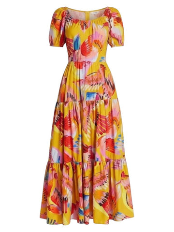^Farm Rio Neon Macaws Cotton Poplin Birds Puff Sleeve On/Off Shoulder Tiered Maxi Dress, Size S