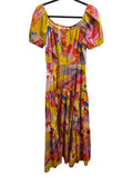 *Farm Rio Neon Macaws Cotton Poplin Birds Puff Sleeve On/Off Shoulder Tiered Maxi Dress, Size S