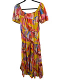 *Farm Rio Neon Macaws Cotton Poplin Birds Puff Sleeve On/Off Shoulder Tiered Maxi Dress, Size S