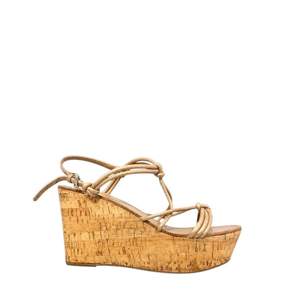*AS IS Prada Leather Straps & Knots Platform Cork 4" Wedge Sandal, Size 38.5