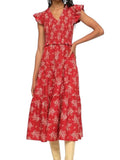 *Sea NY Alessia Cotton Floral Flutter Sleeve V-Neck Smocked Tiered Midi Dress, Size 6