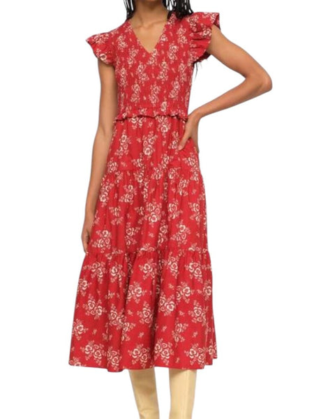 *Sea NY Alessia Cotton Floral Flutter Sleeve V-Neck Smocked Tiered Midi Dress, Size 6