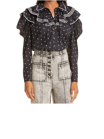 ^Ulla Johnson Clementine Cotton Dot Tipped Ruffle Trim Long Sleeve Collared Button-Up Top, Size 6