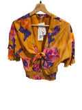 *NWT Ramy Brook Tamar Silk Blend Floral Flutter Sleeve V Neck Knot Front Smocked Hem Crop Top, Size XS