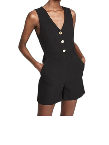 ^NWT Alice + Olivia Tamira Crepe Sleeveless V-Neck Button-Up 4" Inseam Romper, Size 0