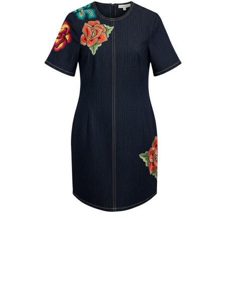 ^Cinq a Sept Ashton Embroidered Denim Short Sleeve Round Neck Mini Shift Dress, Size 00