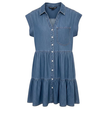 ^Veronica Beard Trisha Denim Sleeveless Collared Button-Up Tiered Mini Dress, Size XS