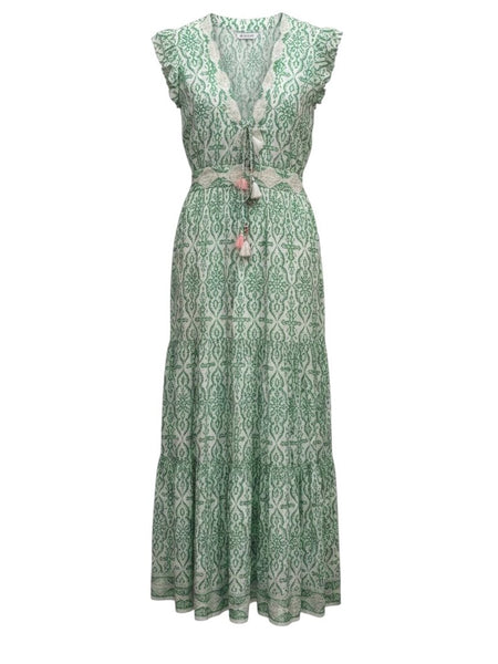 ^BELL Annabelle Silk Cotton Block Print Ruffle Sleeve Tassel Tie V-Neck Maxi Dress, Size XS