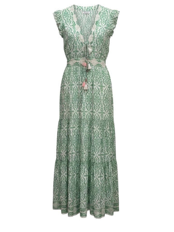 ^BELL Annabelle Silk Cotton Block Print Ruffle Sleeve Tassel Tie V-Neck Maxi Dress, Size XS