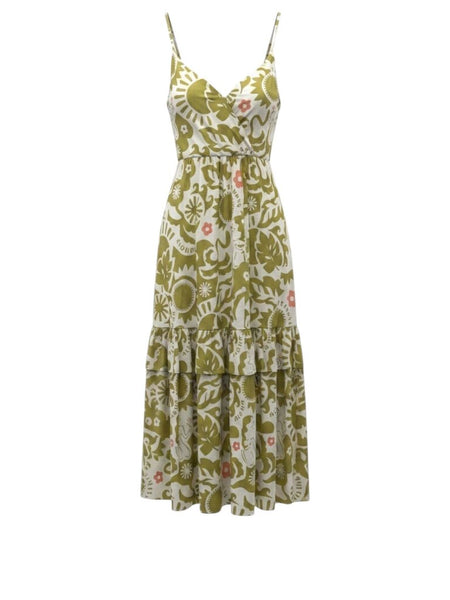 *Corey Lynn Calter Macie Surise Aloha Leaf Cotton Cami V-Neck Tiered Midi Dress, Size M