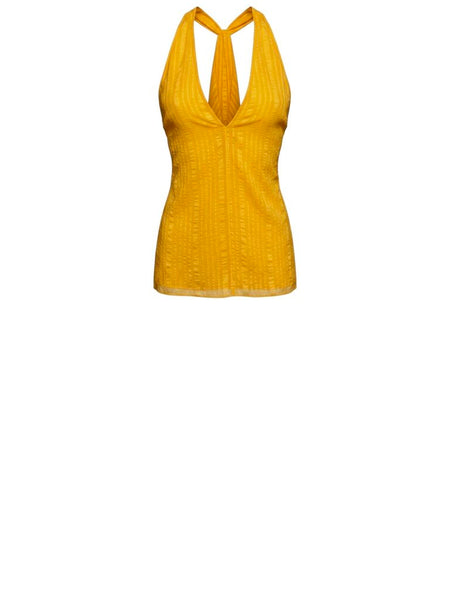 ^FRAME Draped Crinkle Silk Sleeveless Halter Neck V-Back Top, Size L