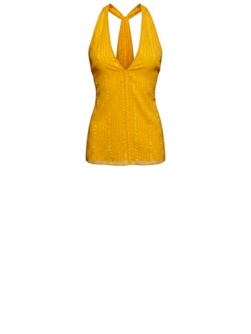 ^FRAME Draped Crinkle Silk Sleeveless Halter Neck V-Back Top, Size L