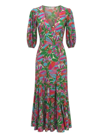 *Rhode Fiona Cotton Poplin Floral Puff Sleeve Surplice Tie Wrap Midi Dress, Size XS