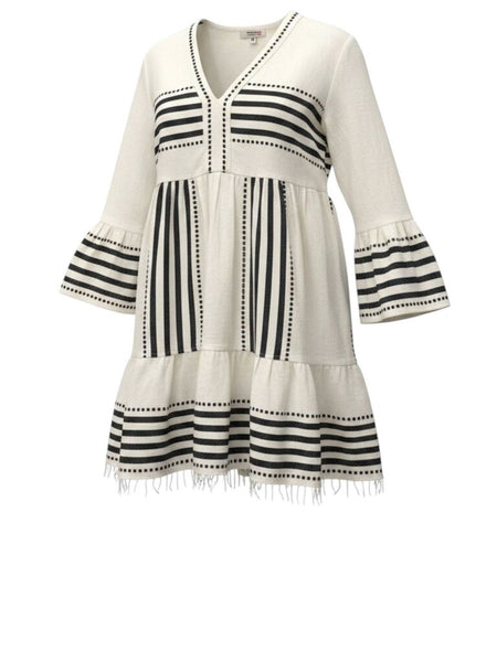 ^Lemlem Eshe Cotton Wovem Stripe Bell Elbow Sleeve V-Neck Tiered Mini Dress, Size M