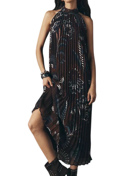 *NWT Farm Rio Pleated Halter Dress Crepe Floral Sleeveless Tie Halter Neck Maxi Dress, Size S