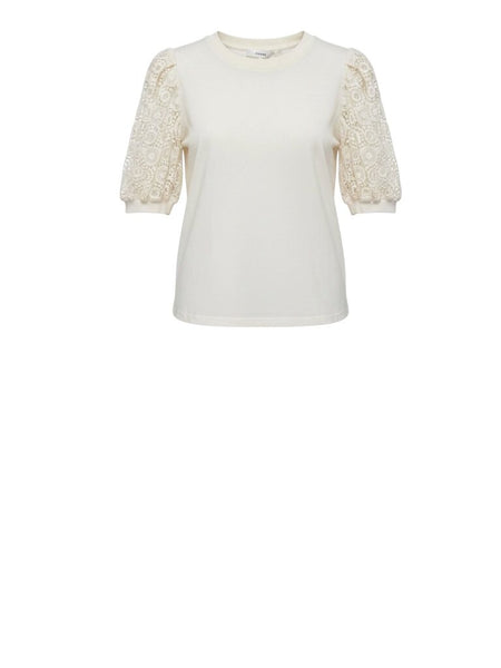 ^NWT FRAME Frankie Cotton Jersey Ruched Lace Puff Sleeve Crew Neck Tee Top, Size S