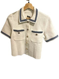 *Maje Mirsalinette Cotton Boucle Knit Contrast Trim Short Sleeve Cropped Cardigan, Size M2=M