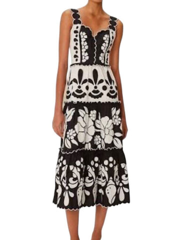 *Farm Rio Scalloped Trim Cotton Applique Floral Square Neck Cami Tiered Midi Dress, Size S