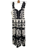 *Farm Rio Scalloped Trim Cotton Applique Floral Square Neck Cami Tiered Midi Dress, Size S