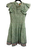 *Oliphant Smocked Flirty Short Cotton Blockprint Flutter Sleeve Mini Dress, Size S