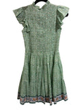 *Oliphant Smocked Flirty Short Cotton Blockprint Flutter Sleeve Mini Dress, Size S