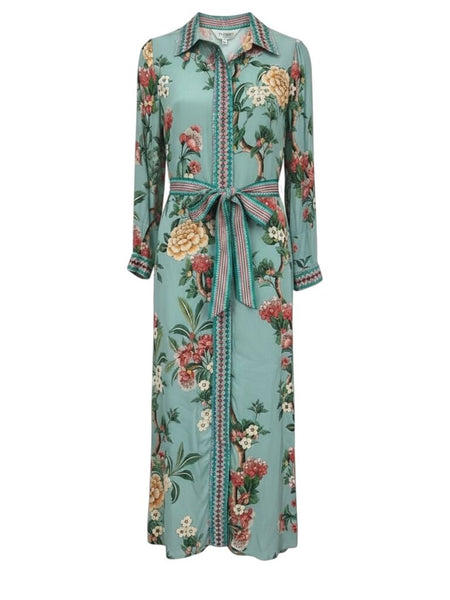 ^Raishma Studio Enola Crepe Floral Long Sleeve Collared Button Up Belted Maxi Shirt Dress, Size 8