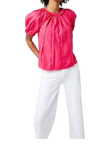 *Ulla Johnson Lora Cotton Pleated Detail Puff Sleeve Ruffle Round Neck Top, Size 2