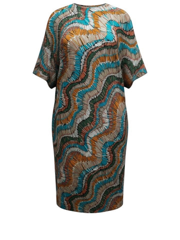 ^La DoubleJ Swing Geometric Silk Twill Cap Sleeve Round Neck Shift Maxi Dress, Size L