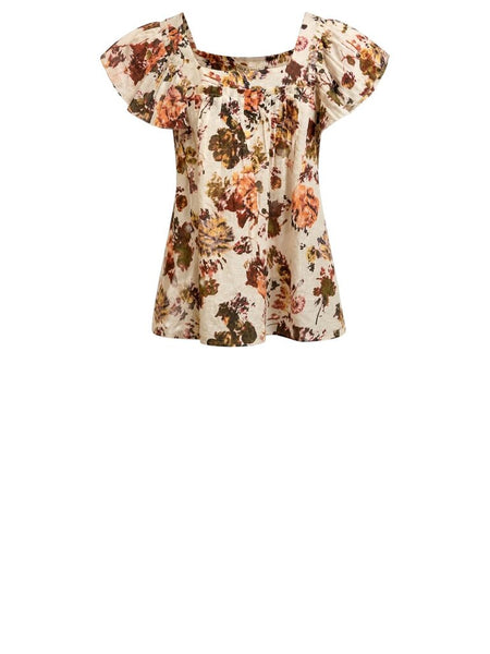 ^Ulla Johnson Kiki Silk & Cotton Voile Floral Flutter Sleeve Square Neck Top, Size 8