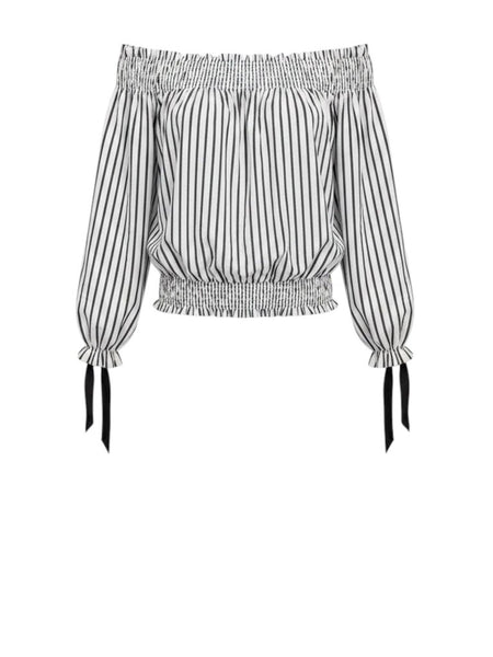 ^Caroline Constas Lou Cotton Stripe 3/4 Sleeve Off The Shoulder Smocked Hem Crop Top, Size M