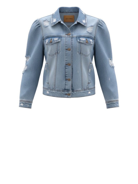^Retrofete Ada Stretch Cotton Denim Distressed Puff Sleeve Trucker Jacket, Size L