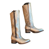 *Freebird Whisper Antiqued Metallic Leather Western Stitching Heeled Cowboy Boots, Size 7