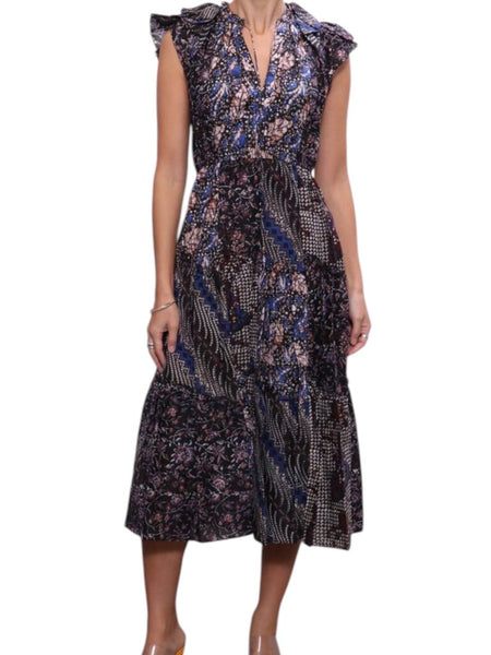 ^Ulla Johnson Asis Silk & Cotton Voile Batik Flutter Sleeve Tie Split Neck Tiered Midi Dress, Size 6