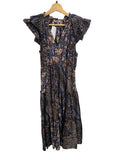 *Ulla Johnson Asis Silk & Cotton Voile Batik Flutter Sleeve Tie Split Neck Tiered Midi Dress, Size 6
