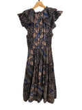 *Ulla Johnson Asis Silk & Cotton Voile Batik Flutter Sleeve Tie Split Neck Tiered Midi Dress, Size 6