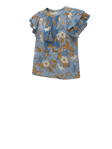 ^Ulla Johnson Jules Cotton Floral Ruffle Trim Flutter Sleeve Tassel Tie Split Neck Top, Size 6