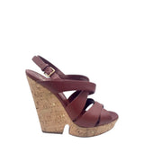 *Yves Saint Laurent Deauville Leather Crossstrap Buckle Slingback Cork Platform Wedge Sandals, Size 39