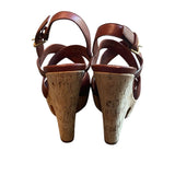 *Yves Saint Laurent Deauville Leather Crossstrap Buckle Slingback Cork Platform Wedge Sandals, Size 39