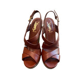 *Yves Saint Laurent Deauville Leather Crossstrap Buckle Slingback Cork Platform Wedge Sandals, Size 39
