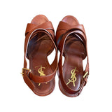 *Yves Saint Laurent Deauville Leather Crossstrap Buckle Slingback Cork Platform Wedge Sandals, Size 39