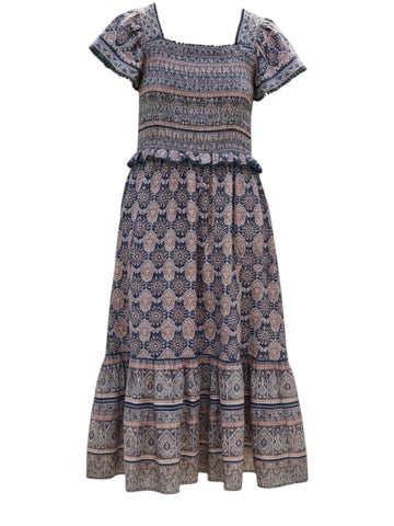^Sea NY Parker Cotton Block Print Pompom Trim Flutter Sleeve Square Neck Smocked Midi Dress, Size S