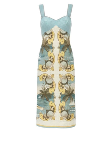 ^NWT Farm Rio Royal Sea Linen Rope Trim Wide Strap Sweetheart Neckline Sheath Midi Dress, Size S